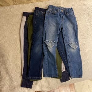4 pairs girls 4T pants. 2 Cat & Jack Jeans, 1 green Old Navy khaki, and 1 sweats